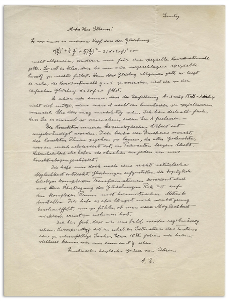 Albert Einstein Autograph Letter Signed to His Assistant, Regarding Einstein's Paper ''Generalization of the Relativistic Theory of Gravitation'' -- With Several Equations in Einstein's Hand